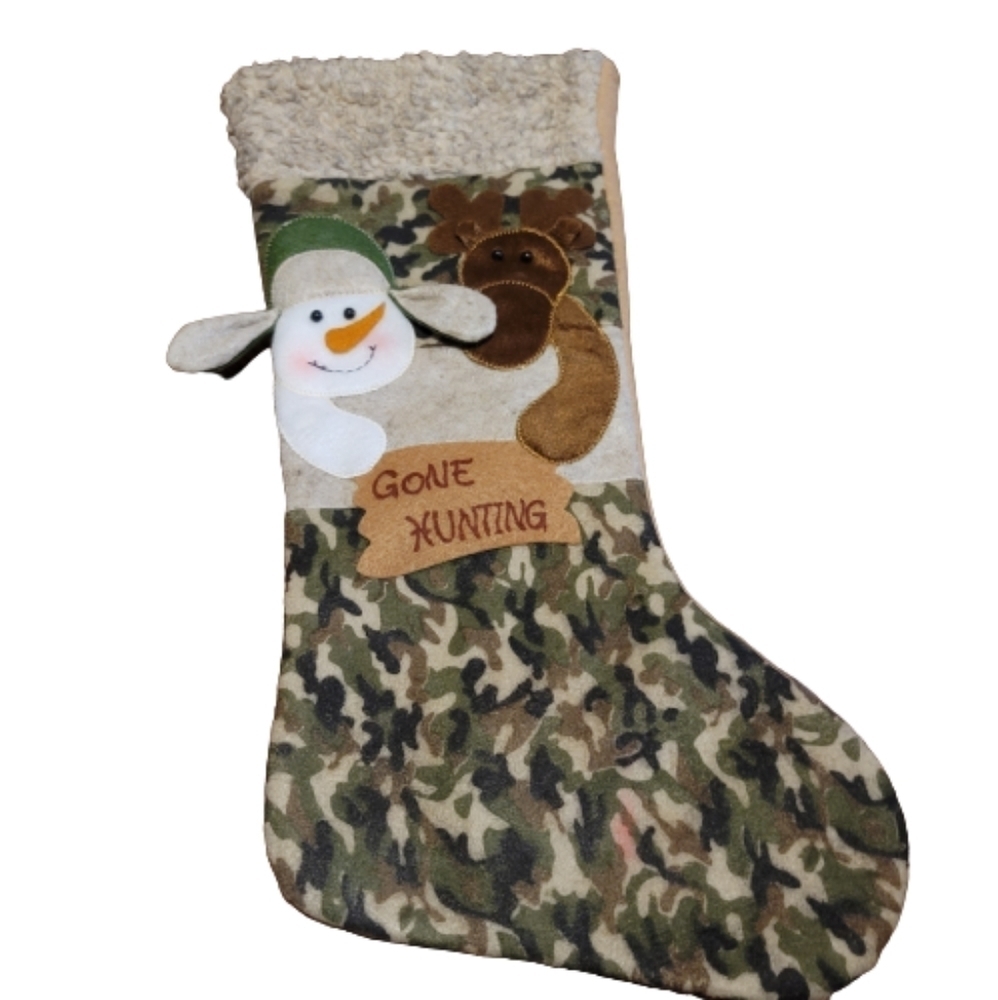 Gone Hunting Christmas Stocking Camouflage Holiday Decor with Snowman, Reindeer